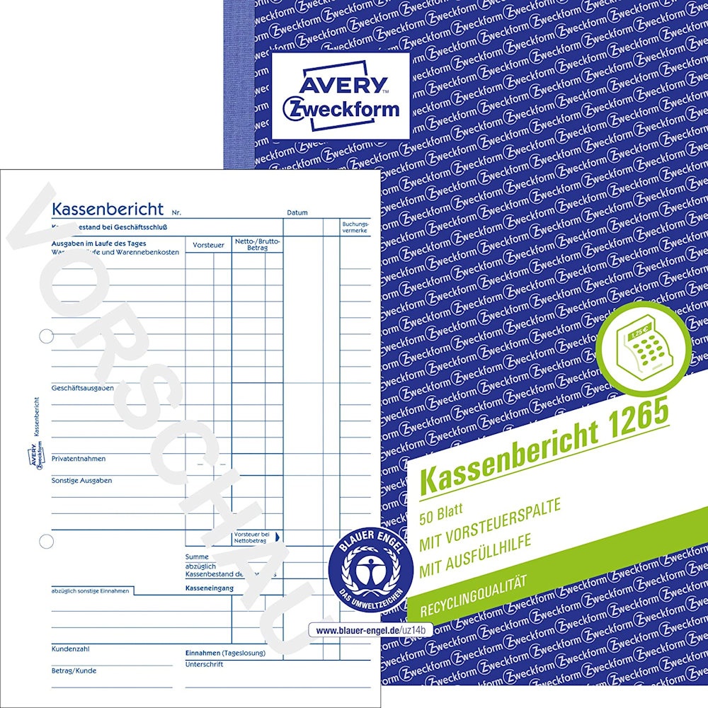 Avery Zweckform Kassenbericht Recycling 1265 A5 50 Blatt, brevo